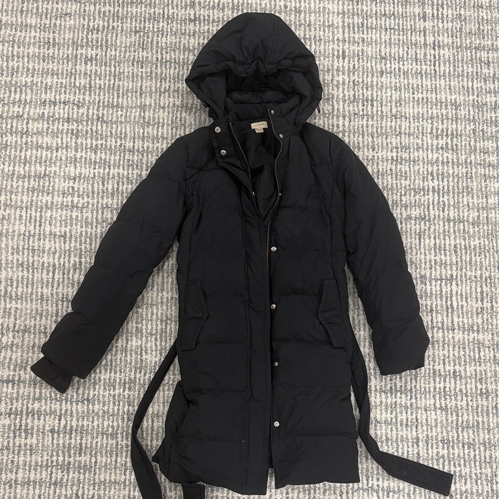 Classic Long Black Hooded Puffer Coat - j.crew